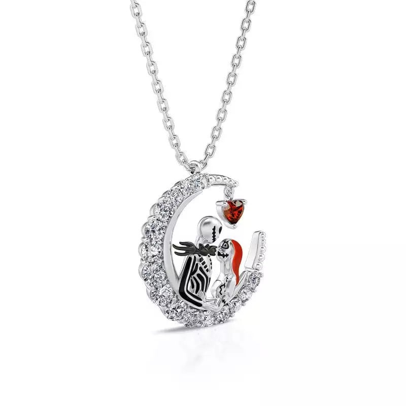 NIGHTMARE BEFORE CHRISTMAS JACK AND SALLY CRESCENT MOON PENDENT NECKLACE