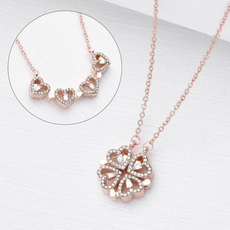 Four Leaf Clover Magnetic Folding Heart Pendant Necklace