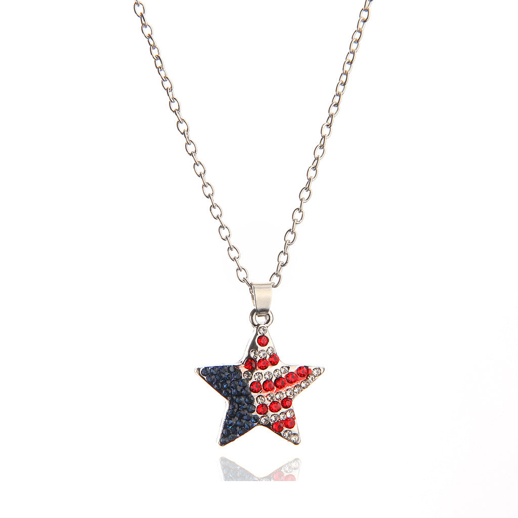 Cubic Zirconia Diamond American Flag Star Pendent Necklace