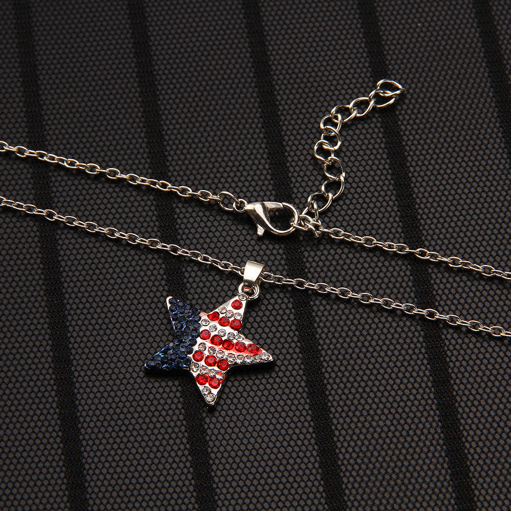 Cubic Zirconia Diamond American Flag Star Pendent Necklace