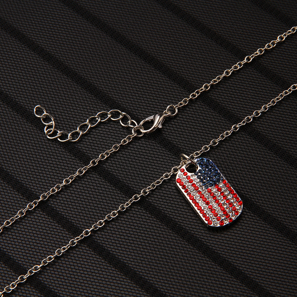 Cubic Zirconia Diamond American Flag Dog Tag Necklace