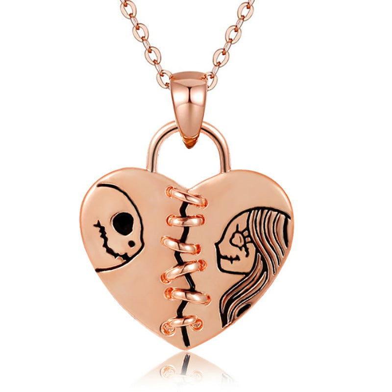 Jack and Sally Skeletons Family Heart Pendant Necklace