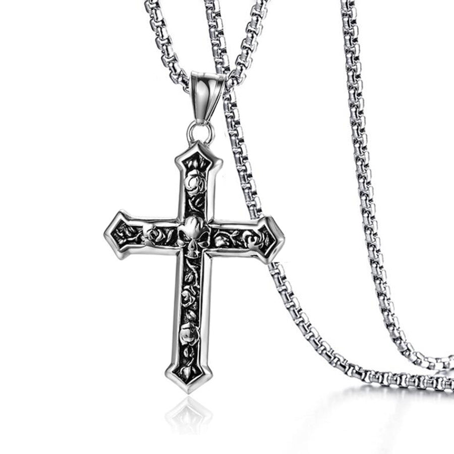 Skull and Rose Christ Cross Pendent Necklace