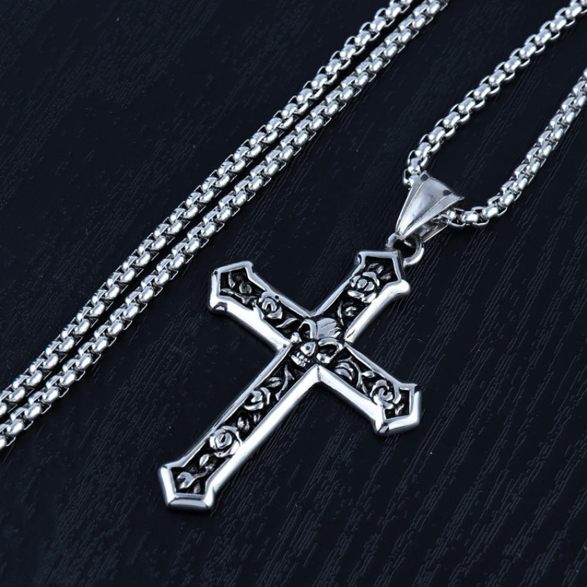 Skull and Rose Christ Cross Pendent Necklace