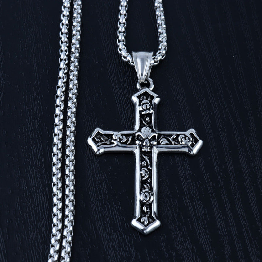 Skull and Rose Christ Cross Pendent Necklace