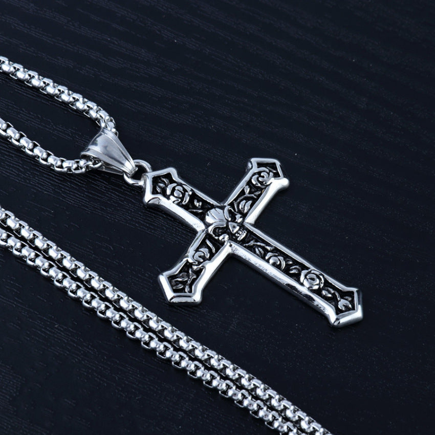 Skull and Rose Christ Cross Pendent Necklace