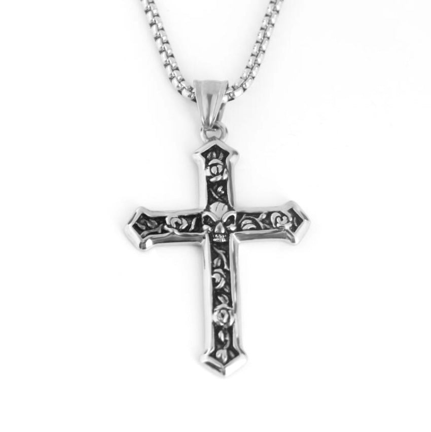 Skull and Rose Christ Cross Pendent Necklace