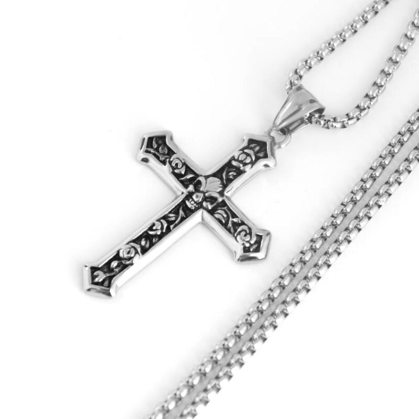 Skull and Rose Christ Cross Pendent Necklace