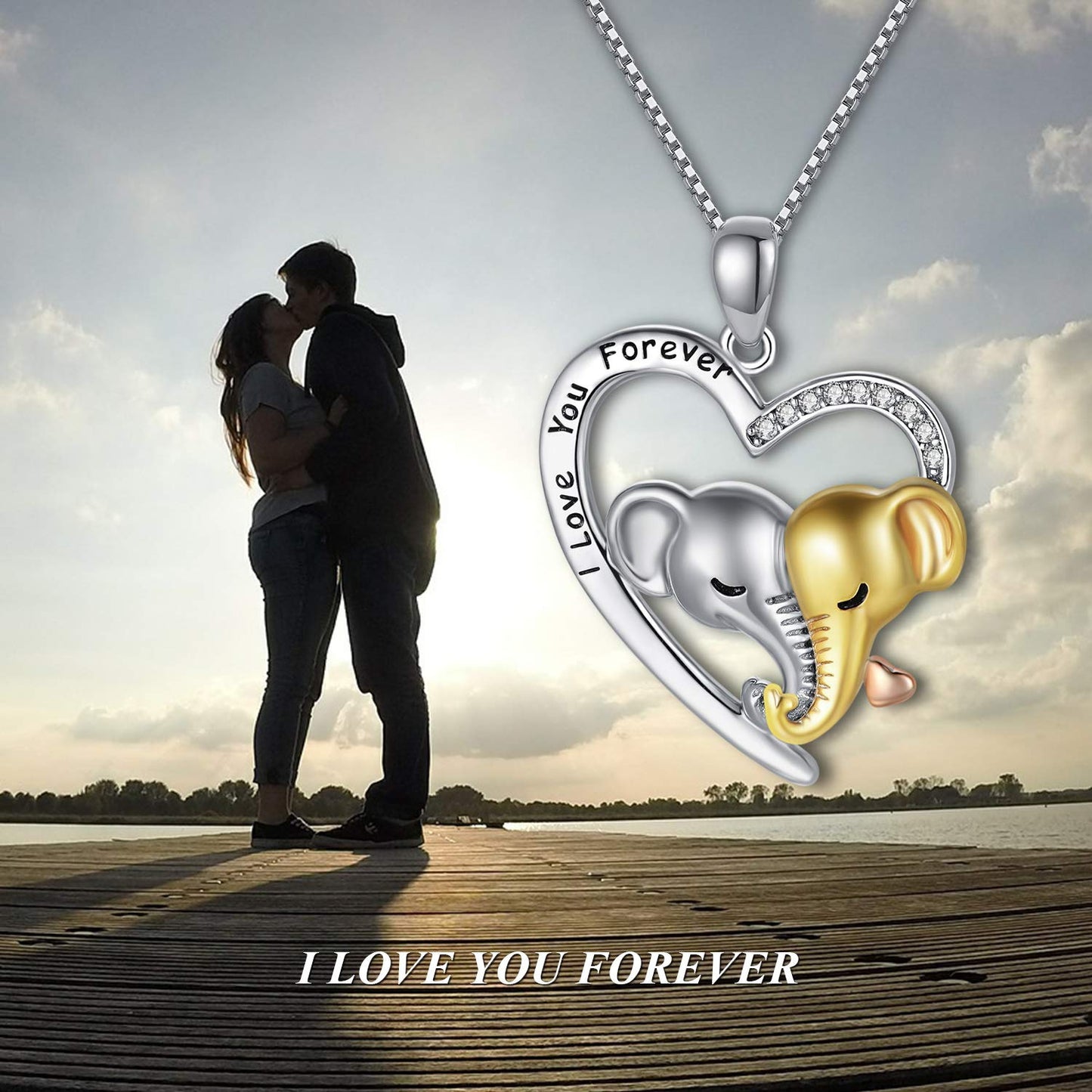 "I Love You" Forever Couple Elephants Heart Pendent Necklace