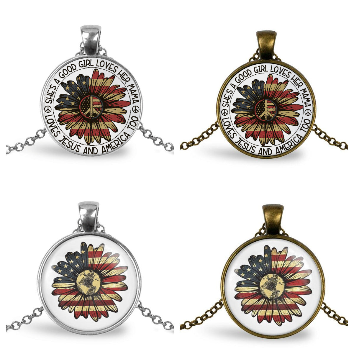 American Flag Daisy Flower Round Pendent Necklace