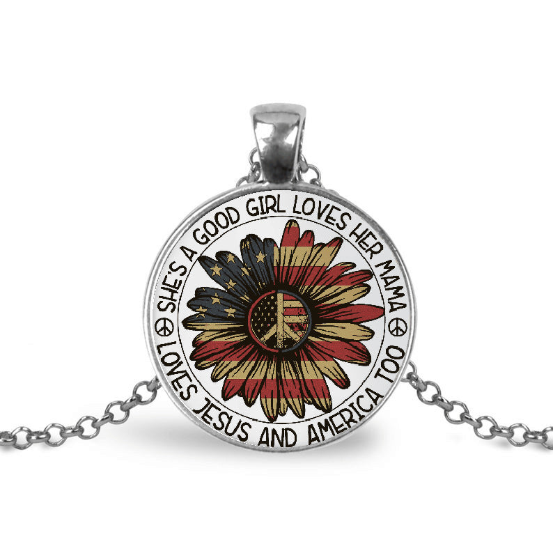 American Flag Daisy Flower Round Pendent Necklace