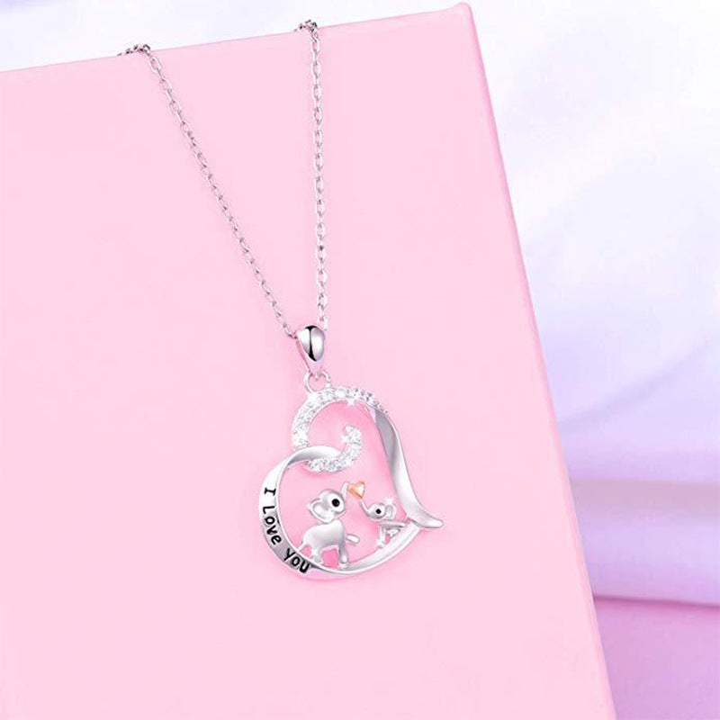 "I Love You" Peach Heart Birthstone Mother and Baby Elephant Pendent Necklace