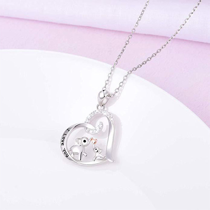 "I Love You" Peach Heart Birthstone Mother and Baby Elephant Pendent Necklace