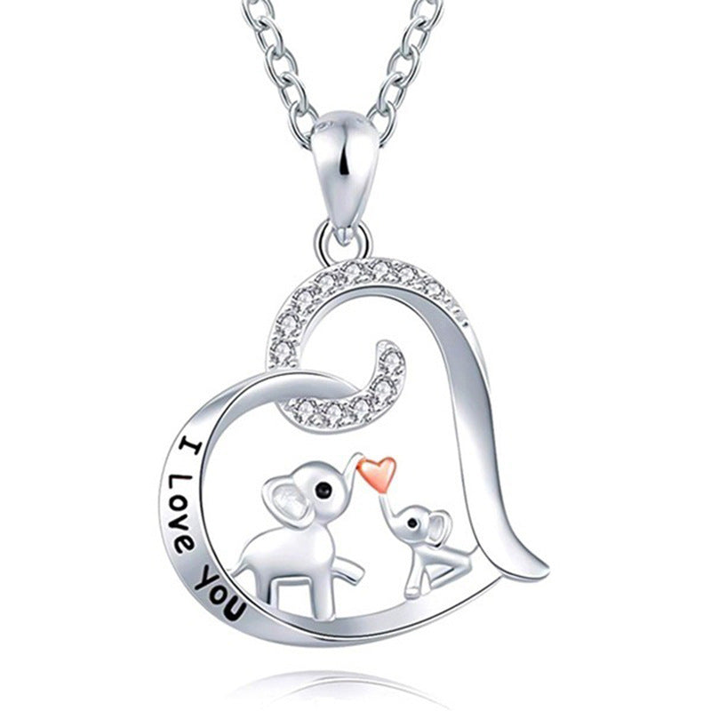 "I Love You" Peach Heart Birthstone Mother and Baby Elephant Pendent Necklace