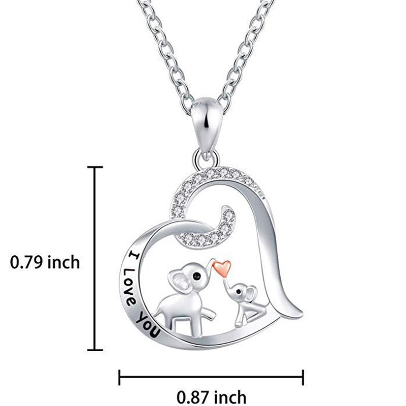 "I Love You" Peach Heart Birthstone Mother and Baby Elephant Pendent Necklace