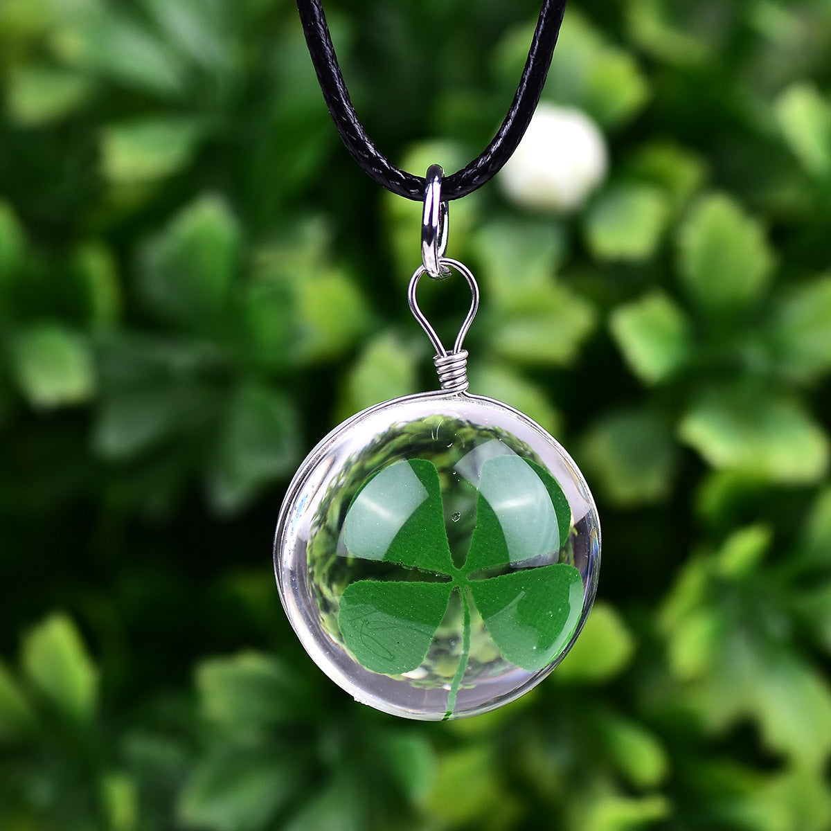 Four Leaf Clover Nature Plant 20mm Glass Ball Necklace