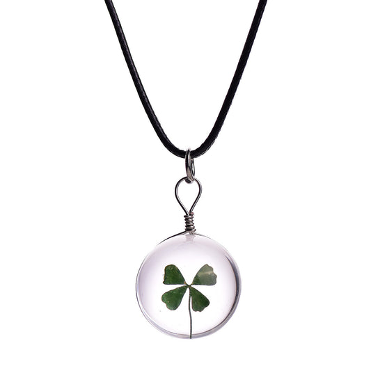 Four Leaf Clover Nature Plant 20mm Glass Ball Necklace