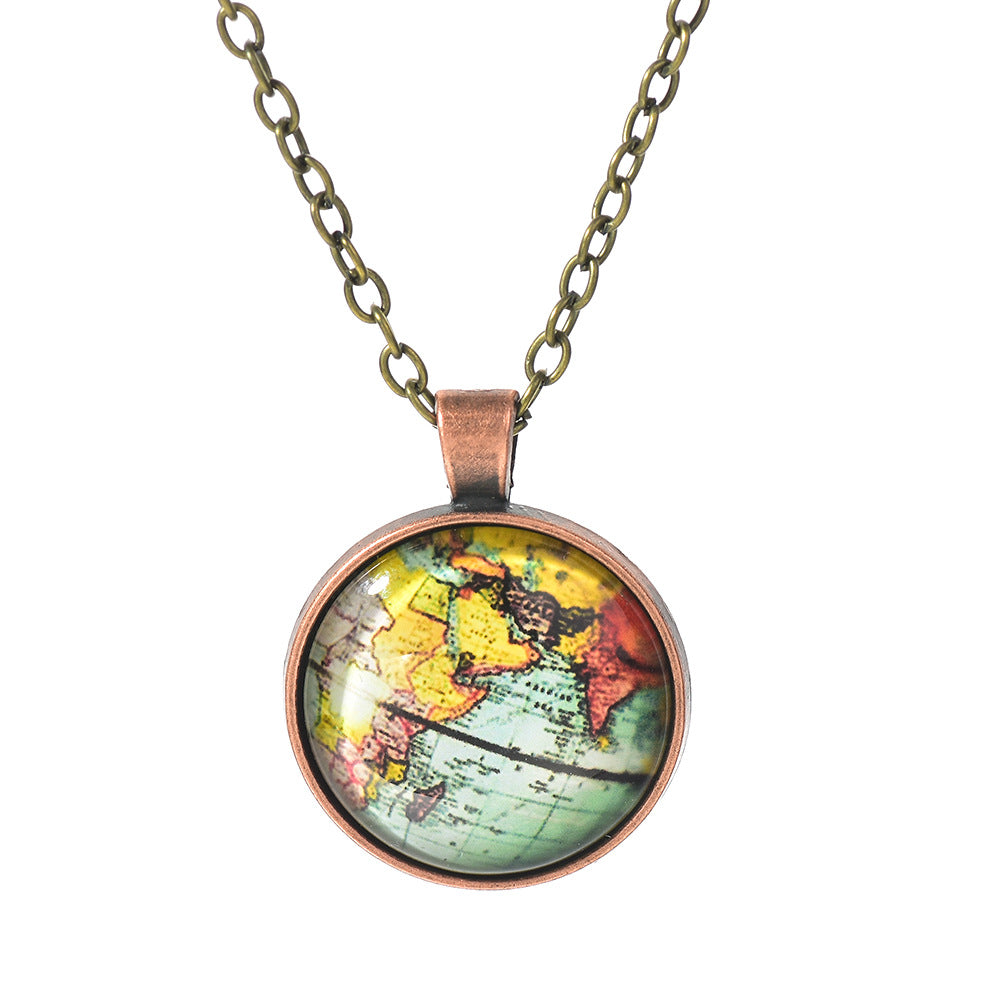 Globe Dome Time Gem Necklace Double Sided Round World Map Pendant Necklace