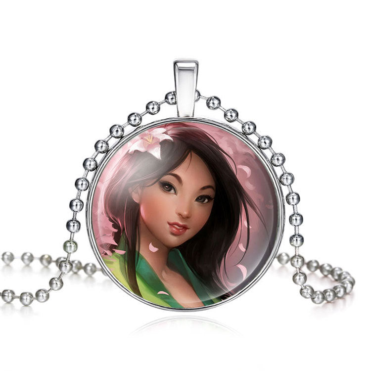 Princess Round Pendent Necklace, Elsa, Anna, Mulan, Ariel and More