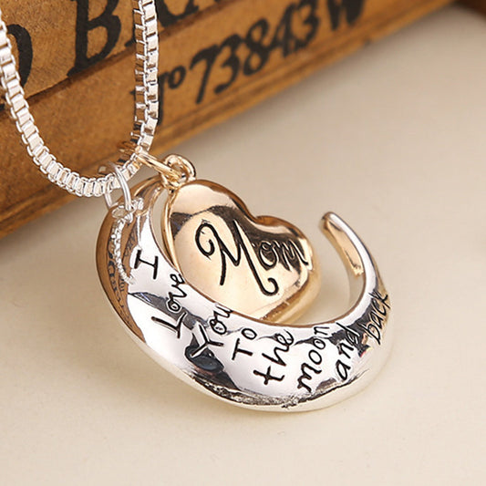 MOM Crescent Heart Crystal Rhinestone Pendant Necklace